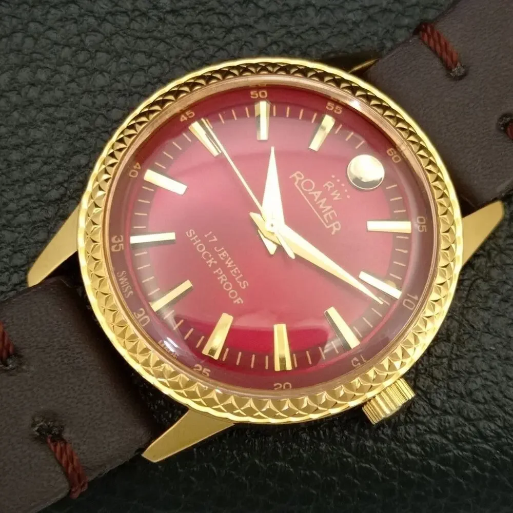 Vintage 1977 Roamer Manual Mens Gold Watch W/Leather Strap & Red accents